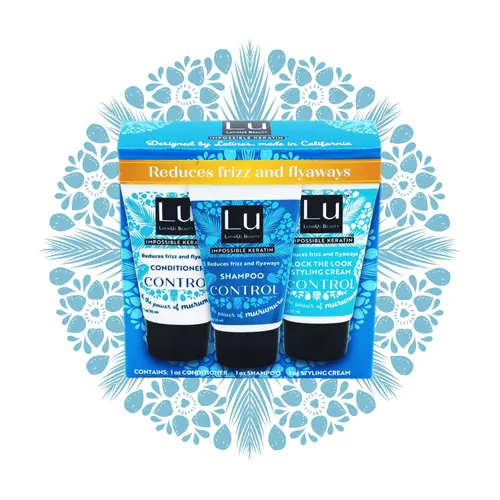 Lu by LatinUs Beauty Control Travel Size Collection | Champú antiencrespamiento, acondicionador y crema de peinado con impossible Keratin™,