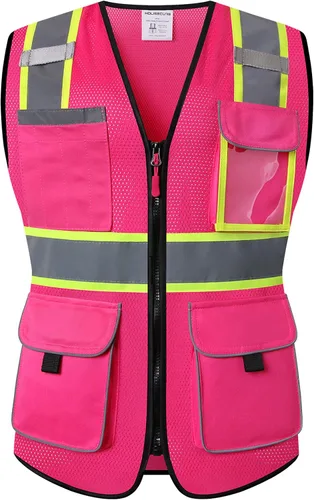 Miniatura 2 de Chaleco de seguridad para mujeres, chaleco de trabajo reflectante de alta visibilidad con 9 bolsillos múltiples y cremallera Rosa