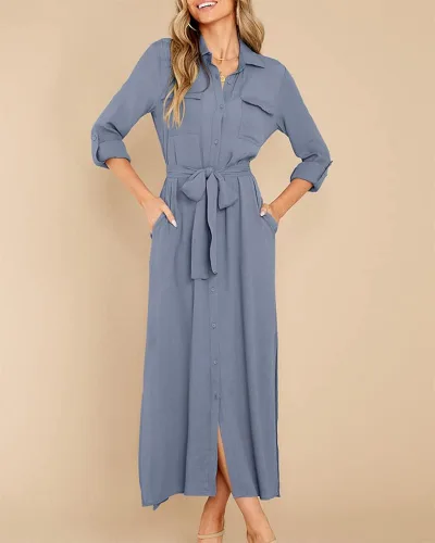 Miniatura 2 de Fekermia Vestido de camisa con botones para mujer, vestido de manga larga enrollable, con cinturón, con bolsillos