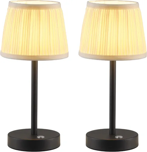 PUSU Juego de 2 lámparas de mesa LED inalámbricas negras, lámpara de cabecera recargable de 4000mAh regulable de 3 vías con pantalla de tela,