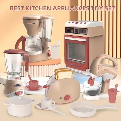 Miniatura 9 de Yalujumb Juego de juguetes de cocina, juego de electrodomésticos de cocina con cafetera, mezclador, tostadora con luces y sonidos realistas, regalo