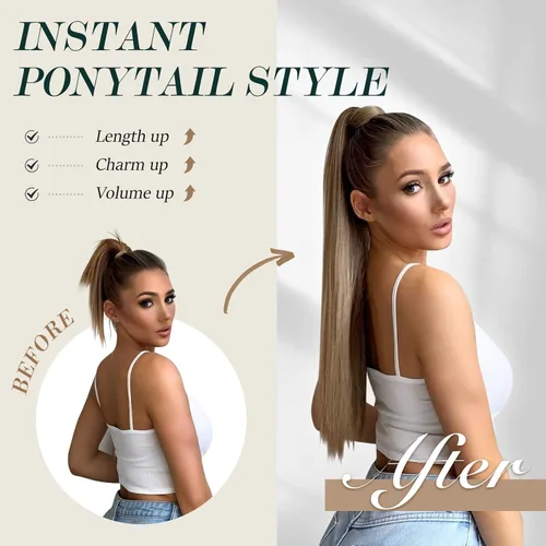 Miniatura 6 de FESHFEN Extensiones de cola de caballo largas y rectas, extensiones de cola de caballo sintéticas para mujer, color negro natural, 24 pulgadas