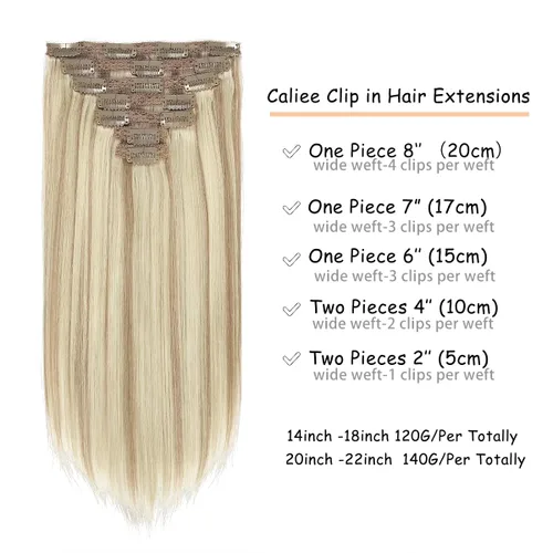 Miniatura 2 de Caliee Extensiones de cabello humano con clip, color marrón dorado #10 y rubio decolorado #613, cabello humano real, sedoso y lacio, con clip