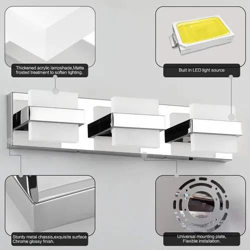 Miniatura 7 de SOLFART Lámpara de baño cromada de 3 luces, luz de tocador sobre el espejo, lámparas LED modernas, 5 colores de temperatura ajustable moderna