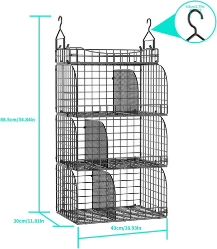 Miniatura 3 de HapiRm Organizador de armario colgante – 4 estantes apilables de metal con divisores y ganchos en S, estantes plegables para ropa, pantalones, Negro