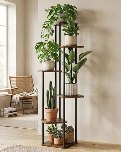 Miniatura 9 de GENTINGBRO Soporte alto para plantas de interior de 4 niveles para múltiples plantas, soporte de madera para plantas, estante de madera, estantería