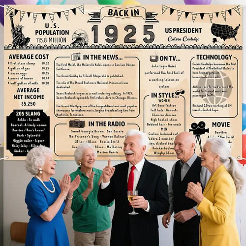 Miniatura 6 de Cartel de fondo grande de pared con texto en inglés "Back in 1925", estilo retro, feliz 101 cumpleaños, boda, aniversario, 101 años, reunión