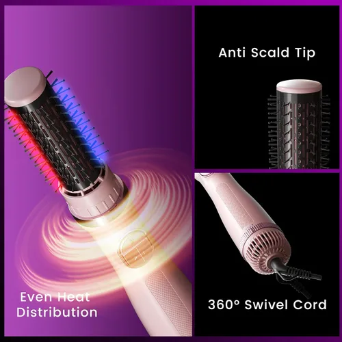 Miniatura 4 de Cepillo secador de pelo, giratorio 3 en 1 con 3 cabezales para secar peinado, voluminizar, rizar, elegante en un solo paso para cabello largo, 3 Rosa