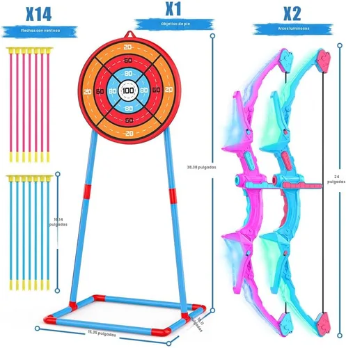 Miniatura 5 de Paquete de 2 juegos de arco y flecha para niños, juego de juguetes de tiro con arco iluminado con 14 flechas de ventosa y diana de pie, juguetes
