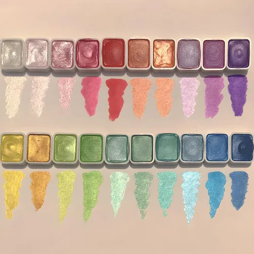 Miniatura 6 de Juego de pintura de acuarela metálica de 20 colores con purpurina, modelo metálico nacarado sólido, kit de arte de viaje para pintar sobre la marcha