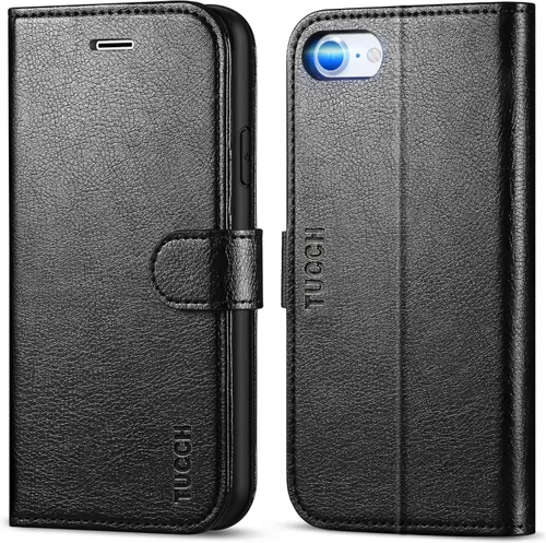TUCCH Funda tipo cartera para iPhone SE 2022/SE 2020/iPhone 8/7, tarjetero con función atril de piel sintética, magnética, funda protectora de Negro