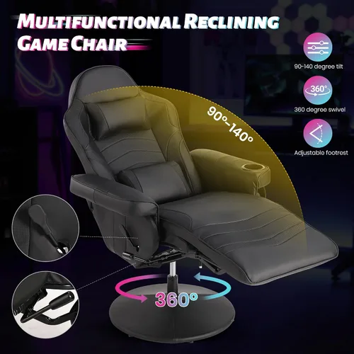 Miniatura 4 de Silla reclinable con altura ajustable, silla de juegos de PU con masaje, reposapiés largo y soporte lumbar, silla giratoria de respaldo alto