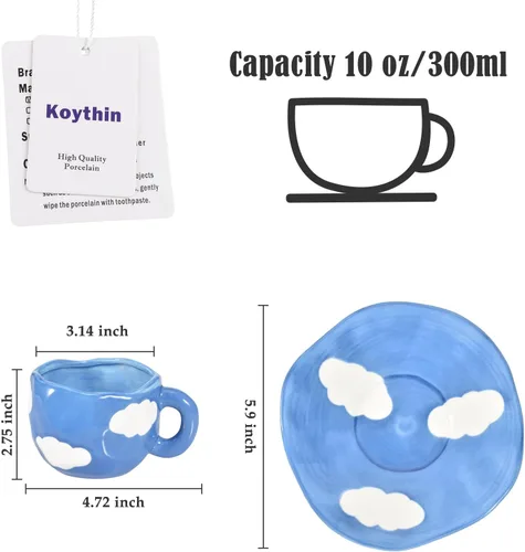 Miniatura 2 de Koythin - Taza de café de cerámica con platillo, taza única y bonita hecha a mano para mujeres para oficina y hogar, apta para lavavajillas y Cielo
