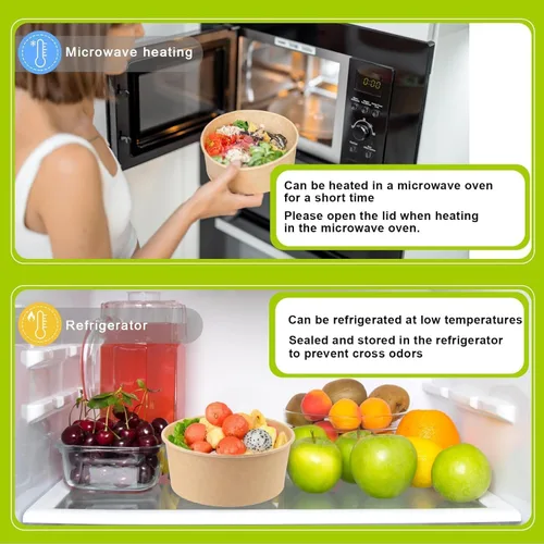 Miniatura 4 de Paquete de 50 cuencos redondos de papel kraft desechables de 37 onzas, recipientes desechables con tapas para ensalada dietética, helado, yogur
