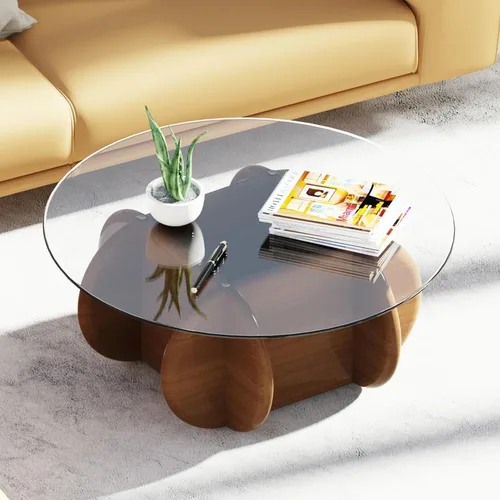 Miniatura 7 de Noguchi - Mesas de centro redondas transparentes de cristal con patas de madera maciza y mesa de vidrio templado para sala de estar, hogar, espacio