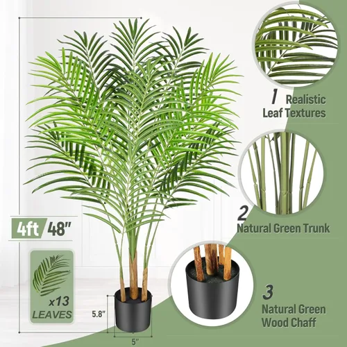 Miniatura 8 de Palmera artificial de 4 pies para interior, palmera paradisiaca tropical falsa en maceta con diseño de corteza real, palmera de areca sintética