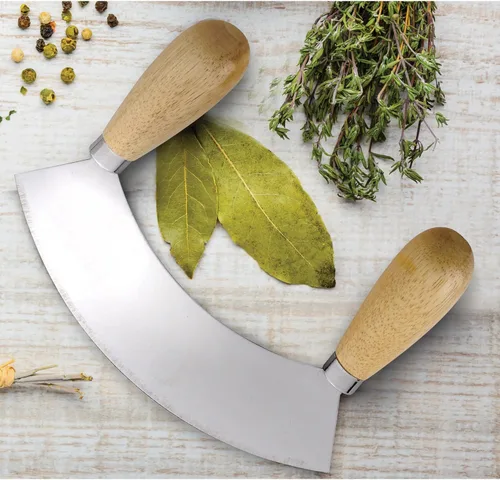 Miniatura 6 de HIC Kitchen Mezzaluna - Picador mecedor y cuchillo de picar con asas dobles, acero inoxidable, madera de caucho, para hierbas, verduras, nueces y más