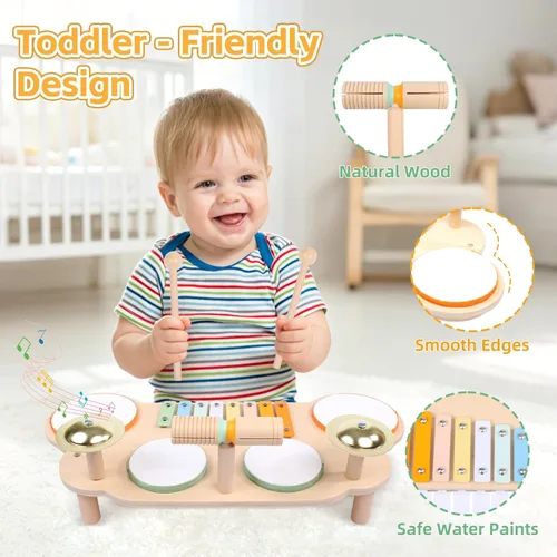 Miniatura 4 de Juego de batería para niños pequeños, instrumentos musicales de madera para bebés de 1 a 3 años, juego de mesa de actividades musicales con piano