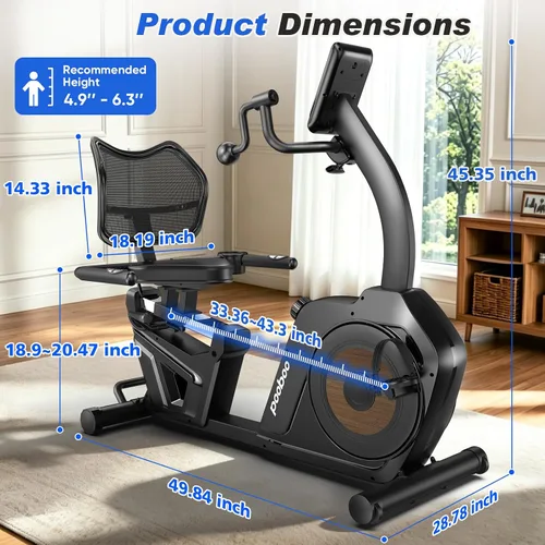 Miniatura 9 de pooboo - Bicicleta reclinada para ejercicios, bicicletas estáticas para el hogar con ejercitador de brazos, bicicleta reclinada magnética