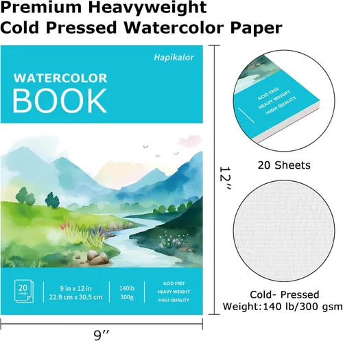 Miniatura 2 de Hapikalor Bloc de Papel de Acuarela, Papel de Acuarela de 9"x12", Libro de Papel de Dibujo y Pintura de Artista de 140lb/300gsm, Suministros de Arte