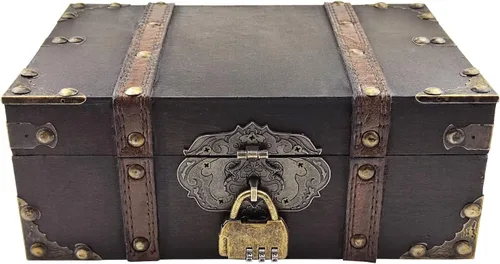Flylin Caja de almacenamiento de madera vintage con cerradura, cofre de joyería del tesoro decorativo, baúl de madera y caja decorativa para