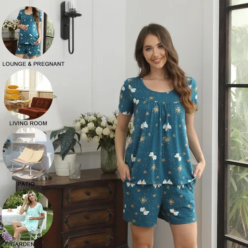 Miniatura 4 de POPYOUNG Conjunto de pijama de verano para mujer, manga corta, 2 piezas, ropa de dormir con bolsillos