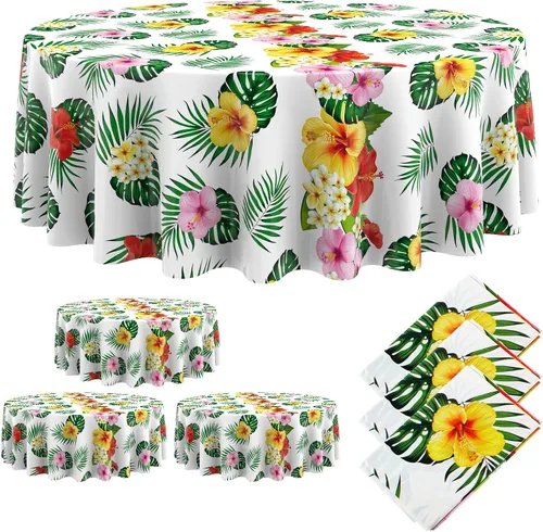 Miniatura 9 de Oudain Mantel hawaiano de 3 piezas de 84 pulgadas con hojas de palmera tropicales, flores redondas, de plástico, desechable, circular, impermeable