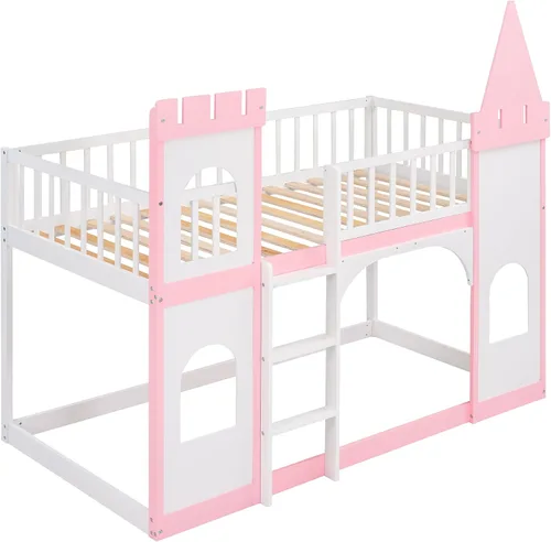 Miniatura 6 de DEINPPA Litera individual, marco de cama individual sobre individual, cama alta de madera con forma de castillo con escalera de barandilla