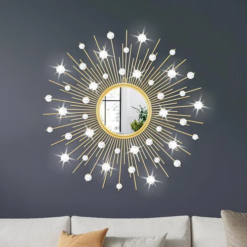 Espejo dorado con forma de explosión solar para decoración de pared, espejo de pared de metal decorativo con diamante de cristal para sala de estar,