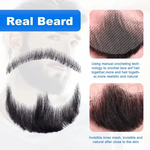 Miniatura 2 de Barba falsa de cabello 100 % humano, barba facial negra, cabello humano realista, cabello facial atado a mano, encaje invisible, bigote falso