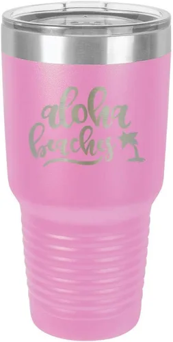 ALOHA BEACHES - Vaso de 30 onzas con popote y tapa superior deslizante | Taza de viaje de acero inoxidable | Comparar con Yeti Rambler Púrpura claro