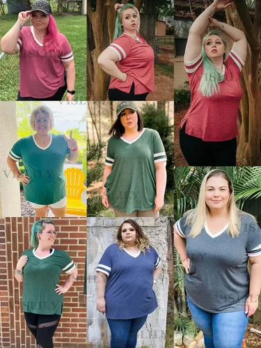 Miniatura 5 de VISLILY Womens Plus-Size Tops V Neck Summer T Shirts Striped Short Sleeve Tunic Tee