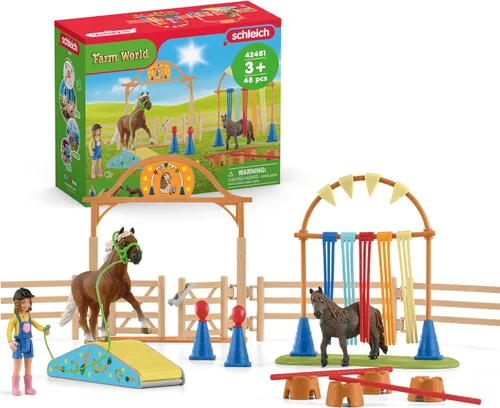 Schleich Farm World - Juego de entrenamiento de agilidad de poni con caballo, entrenador y accesorios, juego de 41 piezas de poni, entrenador y