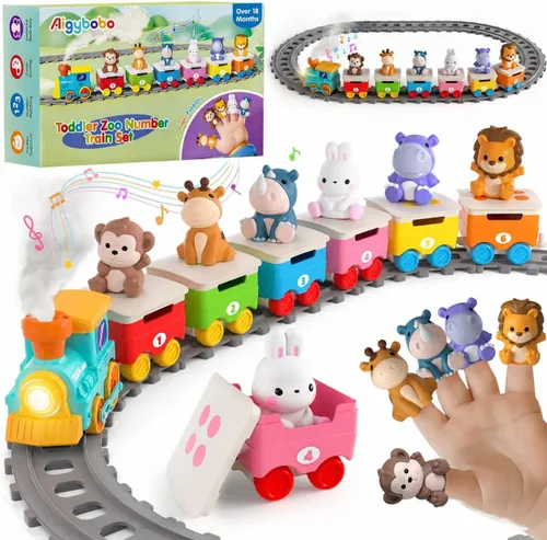 Miniatura 10 de Juguetes de tren de animales de granja para niños de 2 a 4 años, juego de tren eléctrico para niños con música, vapor y luces, juguetes