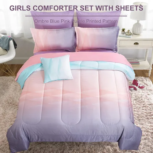Miniatura 3 de Dinjoy Juego de edredón para niñas, tamaño individual, colorido, azul, rosa, morado, arcoíris, juego de ropa de cama de 6 piezas en una bolsa