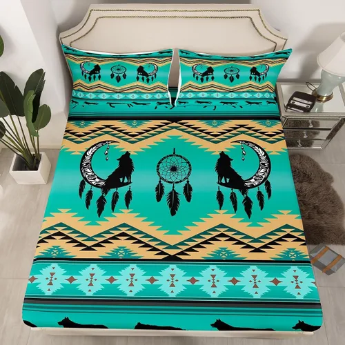 Miniatura 45 de Juego de ropa de cama de estilo bohemio occidental, tamaño individual, diseño de vaca atrapasueños, sábana bajera ajustable del suroeste, tribu