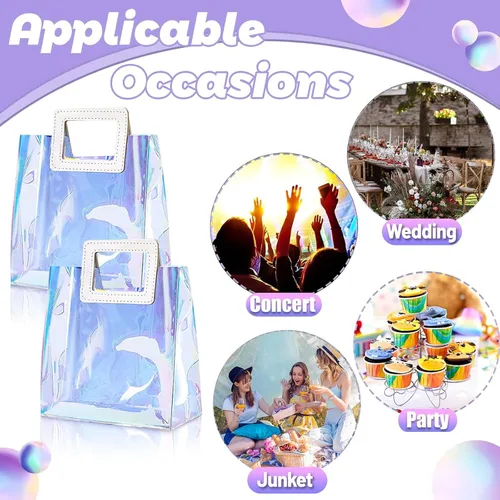 Miniatura 4 de CHENGU 10 bolsas iridiscentes, holográficas, transparentes, reutilizables, para cumpleaños, PVC, 7 x 8 x 4 pulgadas, bolsas con asa de compras, a