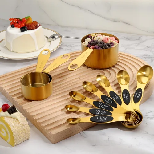 Miniatura 6 de GuDoQi - Juego de cucharas y tazas medidoras magnéticas doradas de 12 piezas, 8 cucharas medidoras magnéticas de doble cara con nivelador, 4 tazas