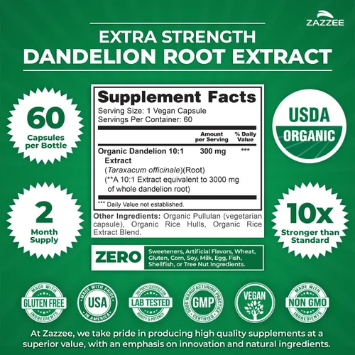 Miniatura 2 de Zazzee USDA Extracto Orgánico de Raíz de Diente de León 10:1, Concentración de 3000 mg, 60 Cápsulas, Suministro para 2 Meses, Extracto Estandarizado
