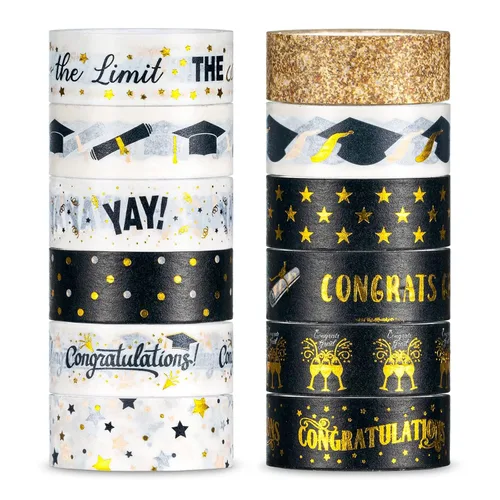 Miniatura 12 de Whaline Juego de 12 rollos de cinta washi con patrón de lámina dorada, cinta adhesiva con corazón, punto, raya arcoíris, juego de cintas decorativas