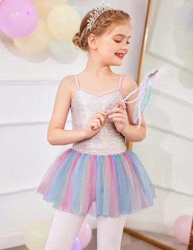 Miniatura 4 de Zaclotre Leotardo de lentejuelas para niñas pequeñas, leotardos de ballet con correa brillante, vestido tutú, traje de bailarina, disfraz de baile