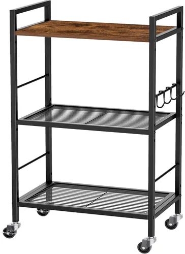 Miniatura 13 de Estante de almacenamiento de metal de 3 niveles con ruedas industriales, estantería de malla con mesa de madera, estante ajustable, 23.6 pulgadas