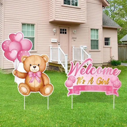 Miniatura 16 de 2 piezas de señal de jardín para baby shower con estaca, señal de revelación de género rosa, elefante, decoración de césped, bienvenida, es una