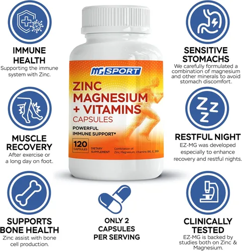 Miniatura 2 de Magnesio, zinc y vitaminas B6, B9, ácido fólico, alta absorción para apoyo inmunológico, recuperación muscular, fácil de poner el estómago, 120