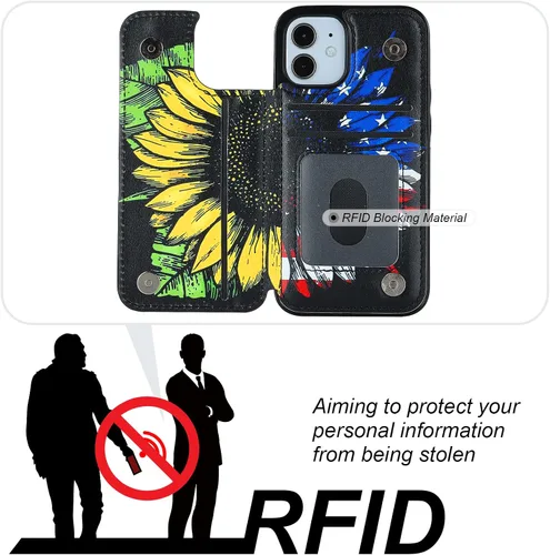 Miniatura 5 de HAOPINSH Funda tipo cartera para iPhone 12 Mini con tarjetero y diseño de girasoles de bandera americana, tapa trasera de piel sintética, ranuras