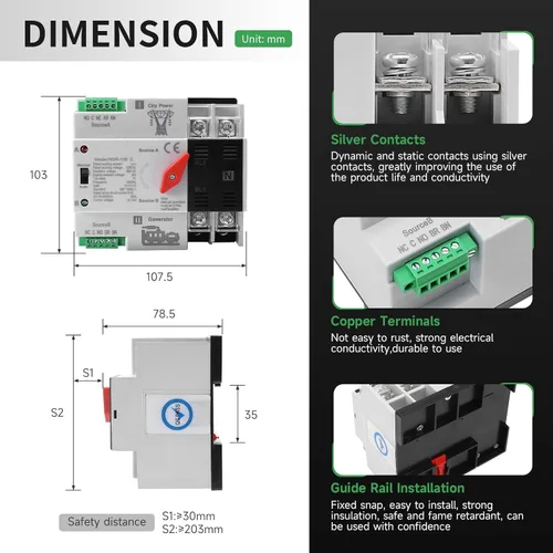 Miniatura 6 de Interruptor de transferencia automática/manual de 63amp AC110V 2P 50/60Hz, interruptor mini ATS de 2 polos 63A de doble potencia solar