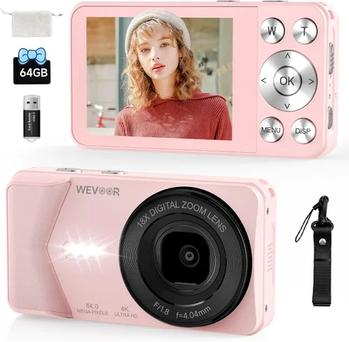 Cámara digital 4K, cámara digital Wevoor de 64MP para apuntar y disparar con enfoque automático, zoom 18X, 20 filtros, tarjeta SD de 64 GB, batería