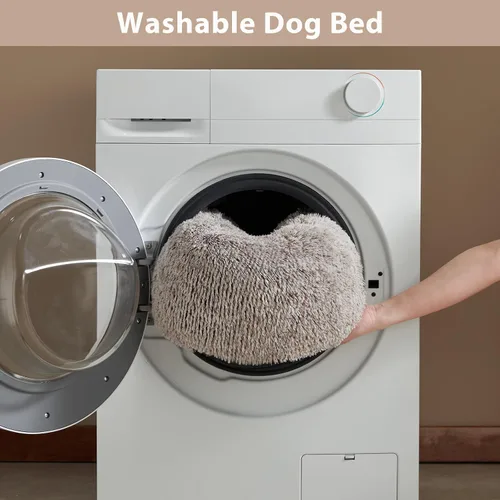 Miniatura 6 de WNPETHOME - Cama calmante para perros y gatos, anti-ansiedad, de piel sintética, con forma de dona, redonda de felpa (24 x 24 pulgadas, café claro)