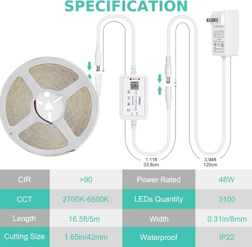 Miniatura 8 de Wefomey - Tira de luz LED COB blanca, 16.5 pies regulable 2700K-6500K de alta densidad 3100LEDs 24V, cinta de LED flexible con control remoto y APP