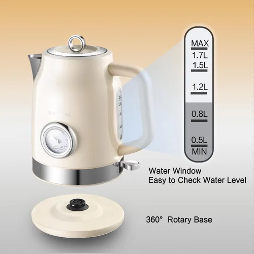 Miniatura 7 de Hervidor eléctrico retro de 1.7L, hervidor de té de acero inoxidable 304 con medidor de temperatura, hervidor de agua de ebullición rápida de 1500W